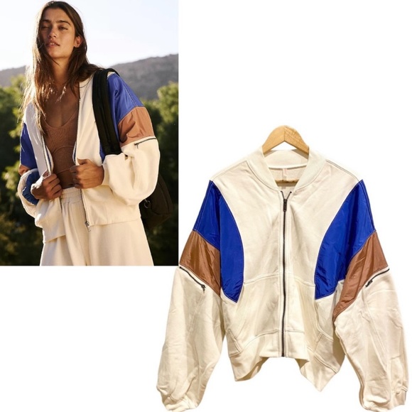 Free People Jackets & Blazers - Free People Movement Hot Track Stripe Varsity Jacket Size L in Ivory Combo NWT